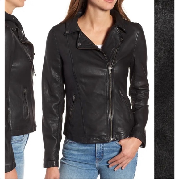 Caslon Black Leather Moto Jacket Women Large Removable Hood - Picture 7 of 16